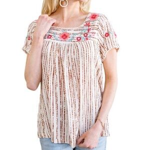 New Savanna Jane Cream and Brown Patterned Blouse. Size L